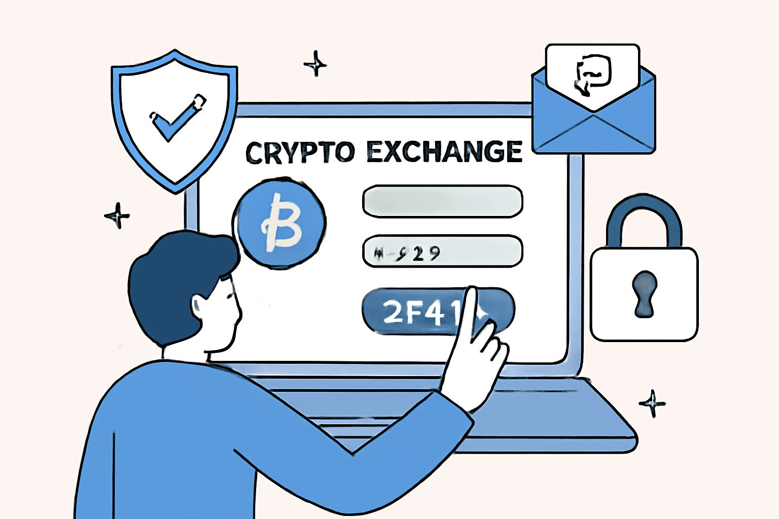 A user enabling two-factor authentication on a cryptocurrency exchange account, with security icons and a lock symbol