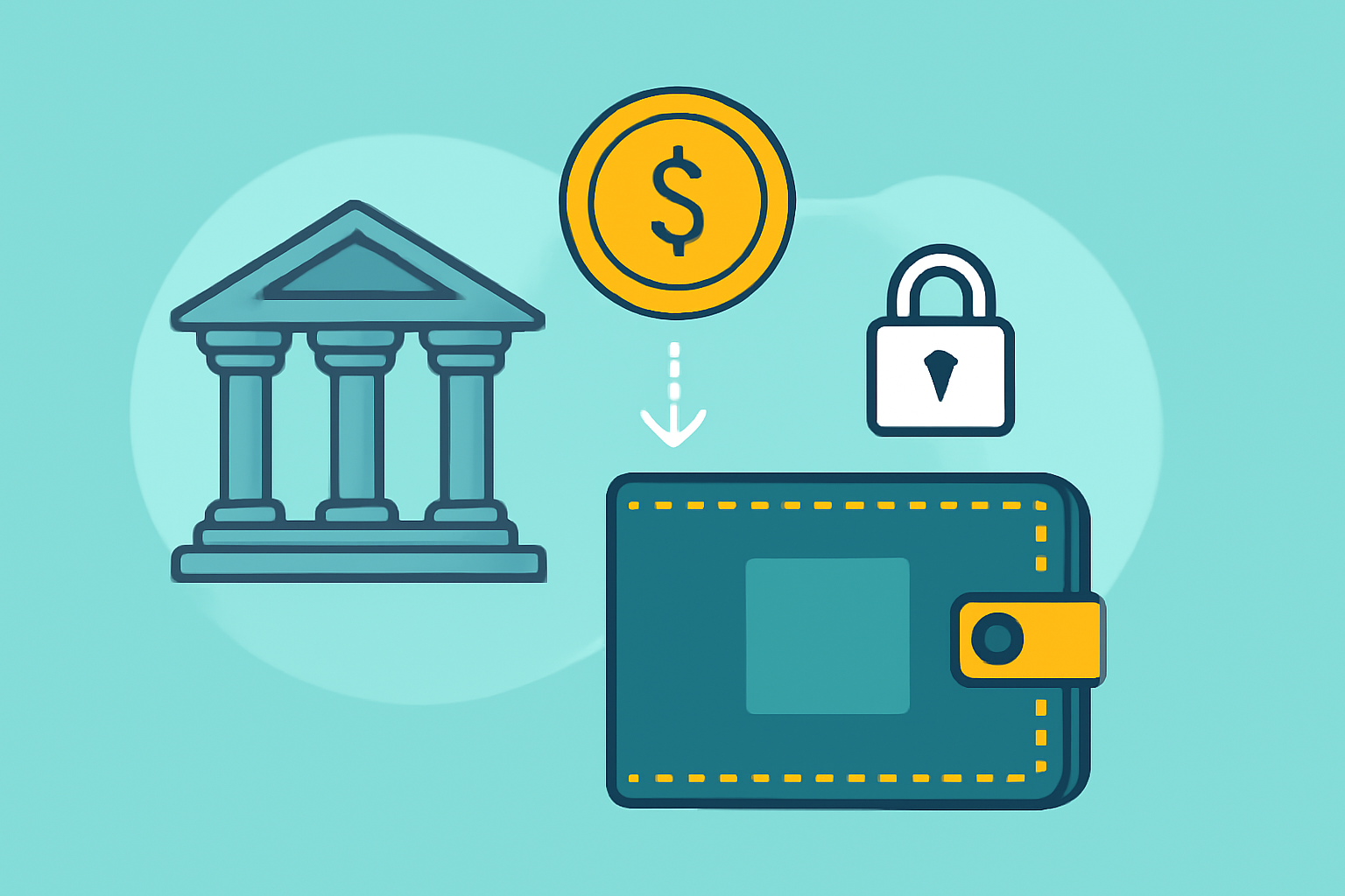 A digital wallet receiving funds from a bank, with a secure connection symbol and bank building in the background