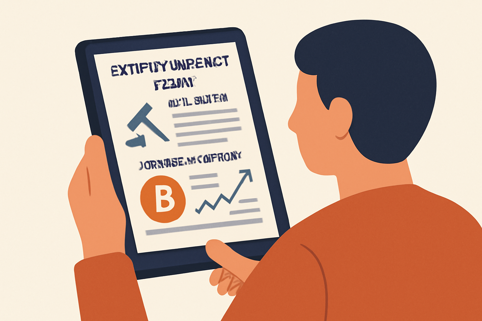 A person reading cryptocurrency news on a tablet, with headlines about regulations and market updates