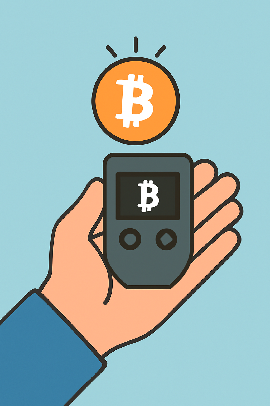 A hand holding a hardware wallet with a digital Bitcoin symbol floating above, representing secure storage