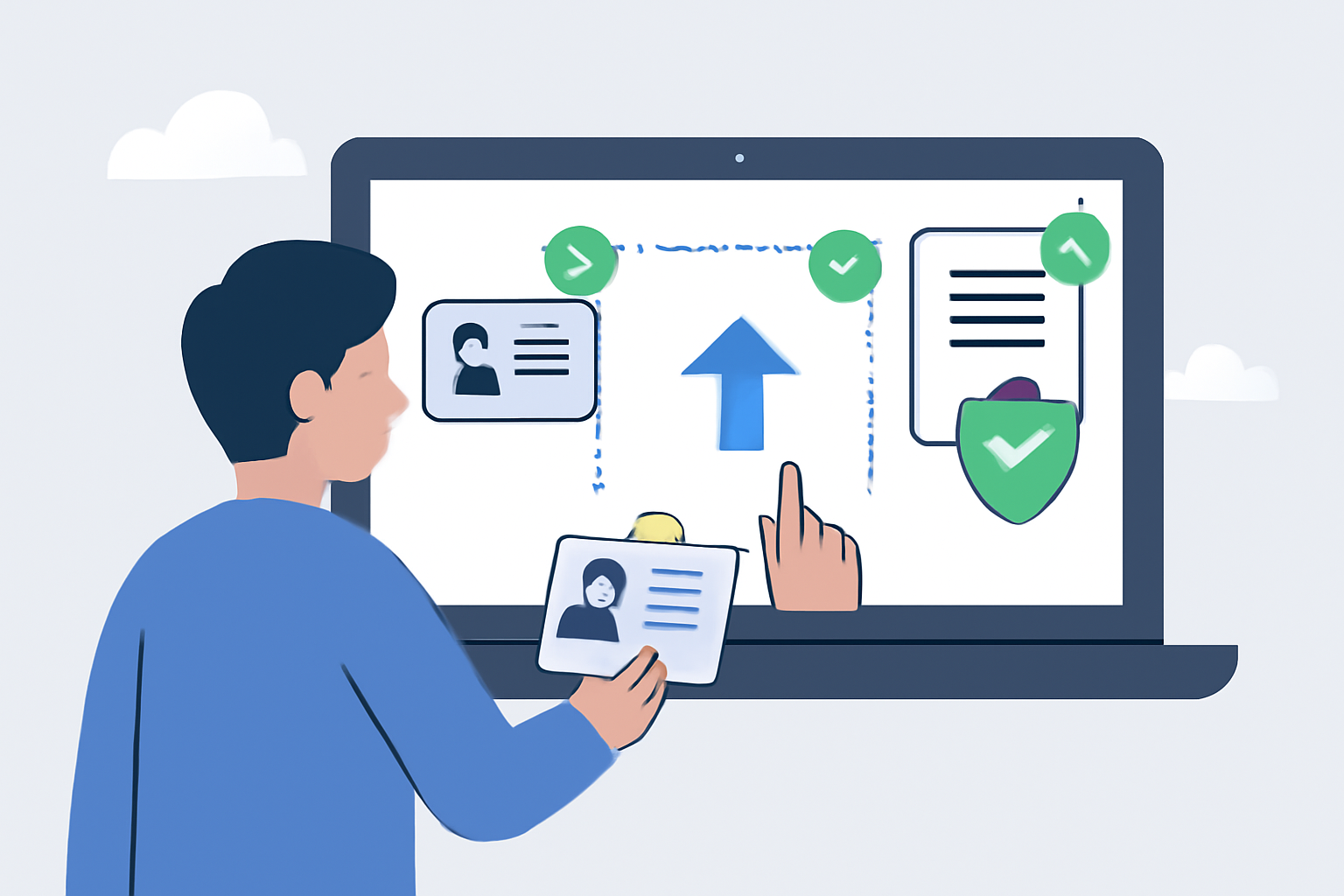 A person uploading ID documents to a secure online portal, with verification checkmarks and shield icons