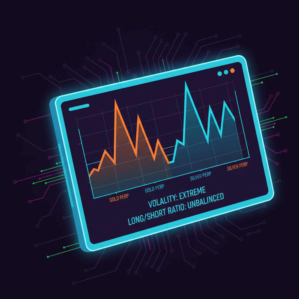 volatility charts spiking for gold silver perps on DEX screen, bold cyberpunk glow