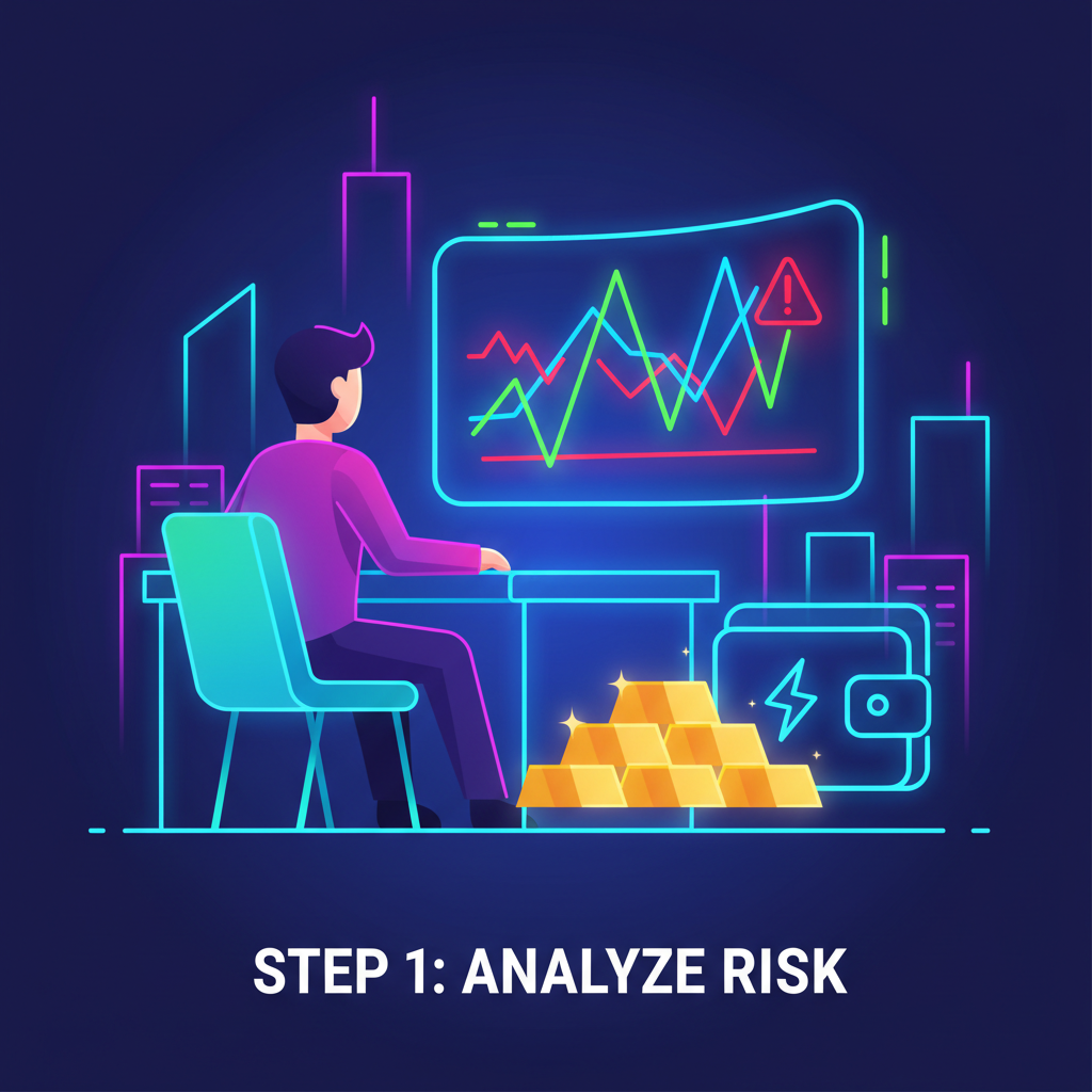 trader analyzing risk chart with gold bars and crypto wallet, energetic neon style