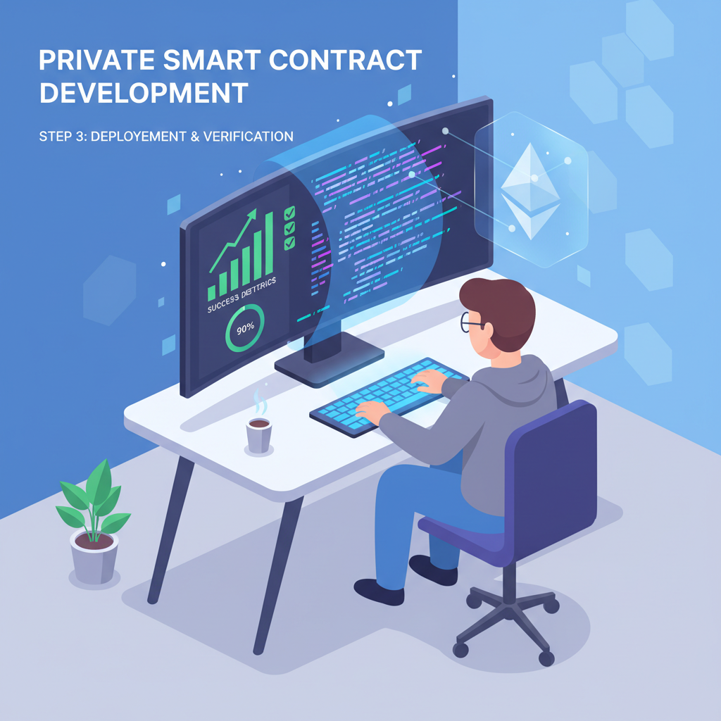 developer coding private smart contract, success metrics rising, modern workspace with ethereum elements