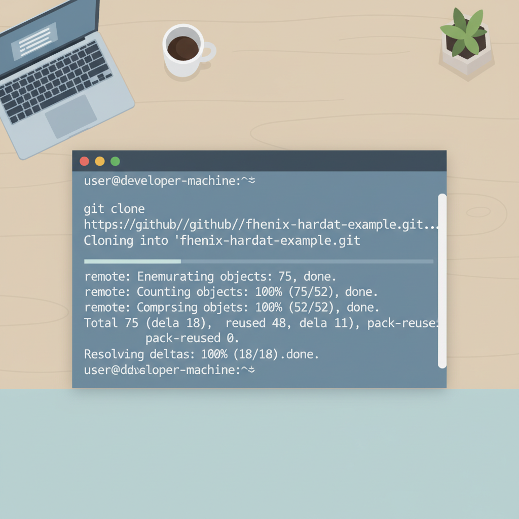 terminal window cloning git repo fhenix-hardhat-example, clean code output, developer workspace