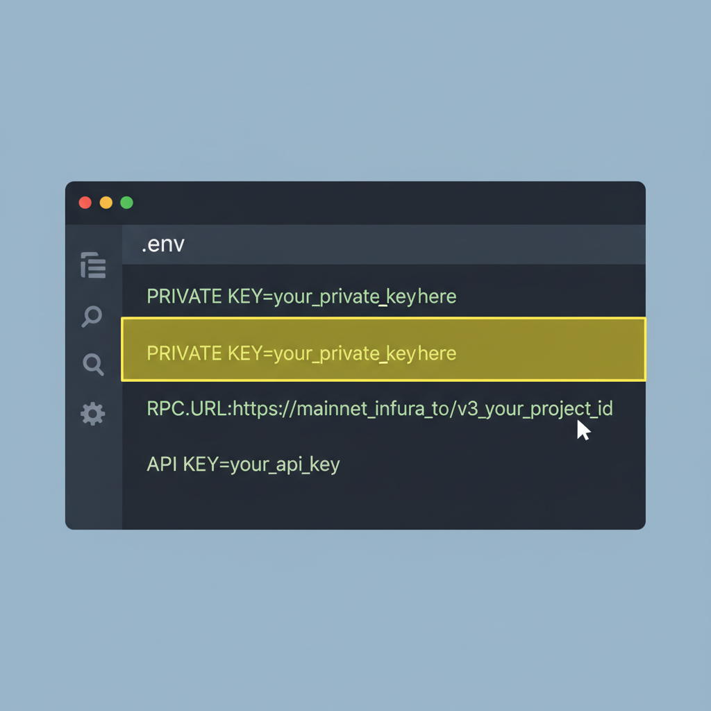 code editor with .env file open, private key and RPC fields highlighted