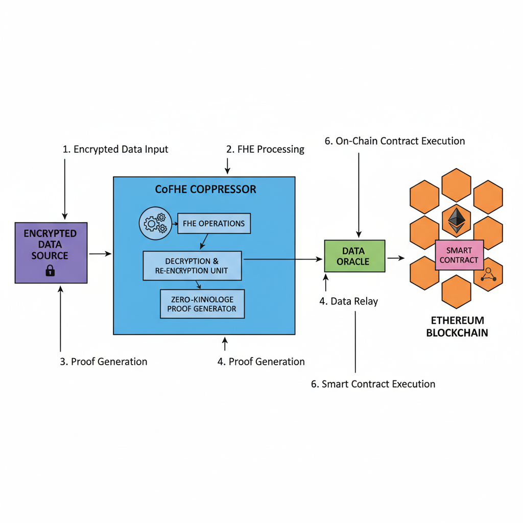 diagram of cofhe coprocessor bridging encrypted data to ethereum blockchain, clean technical illustration
