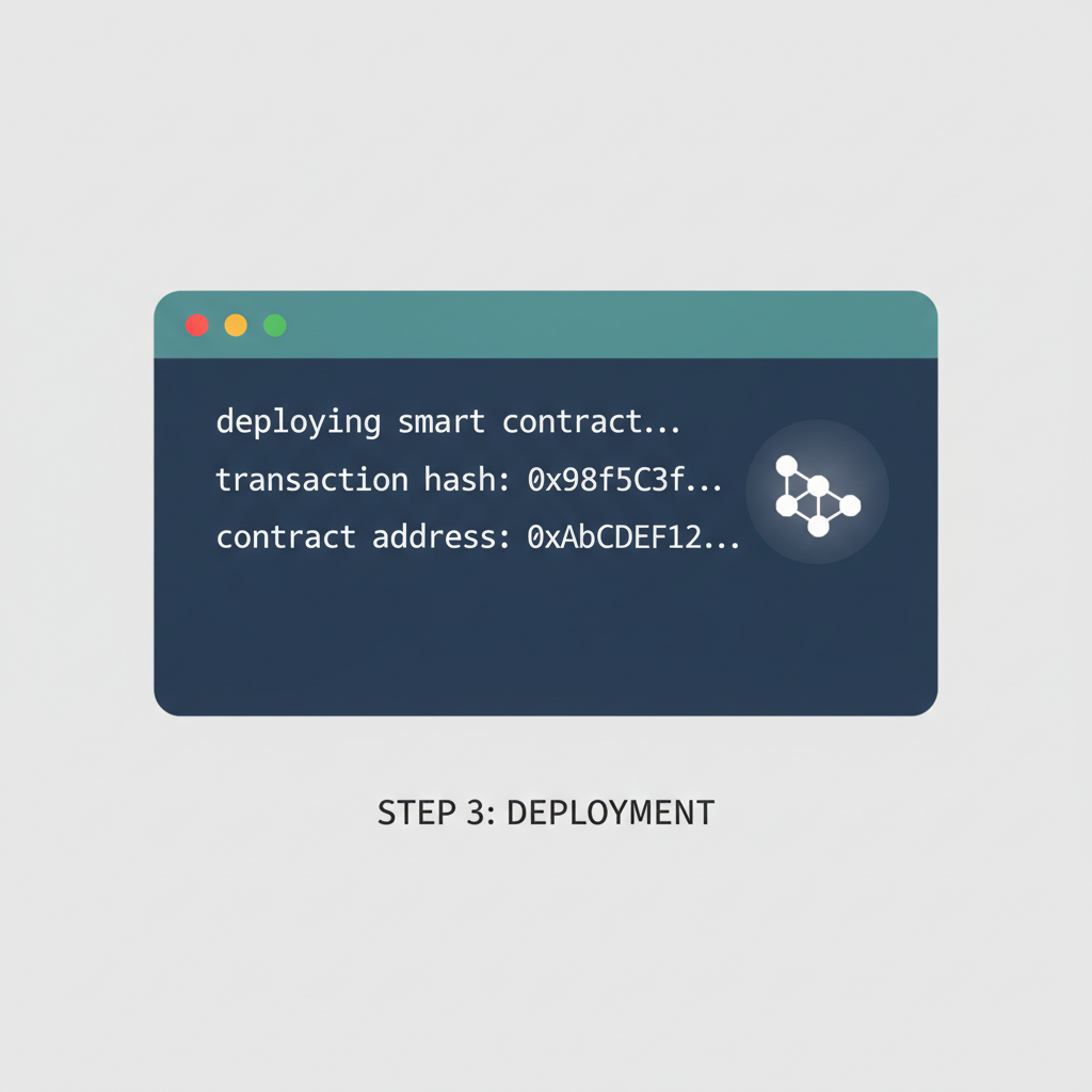 terminal deploying smart contract, transaction hash and address output, blockchain network icon