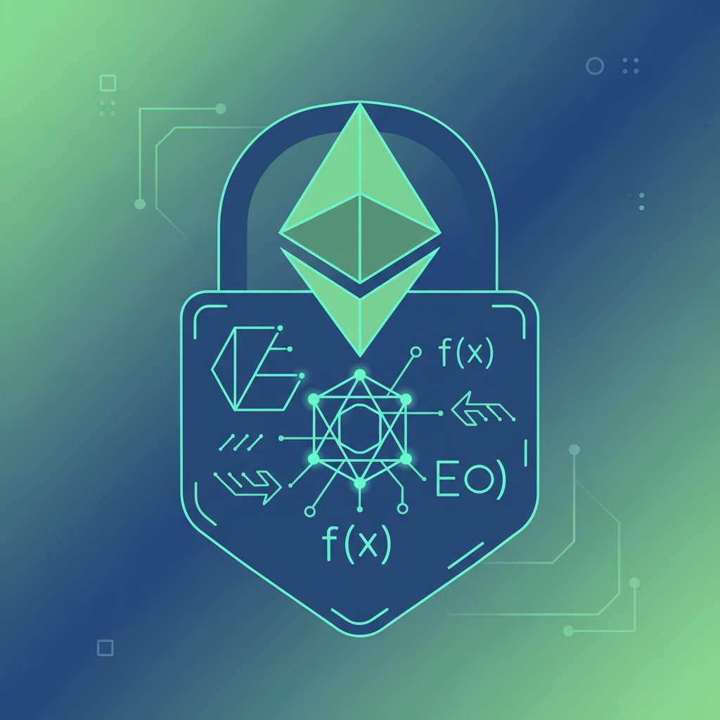 ethereum logo merging with padlock and homomorphic encryption symbols, futuristic glow, green and blue tones