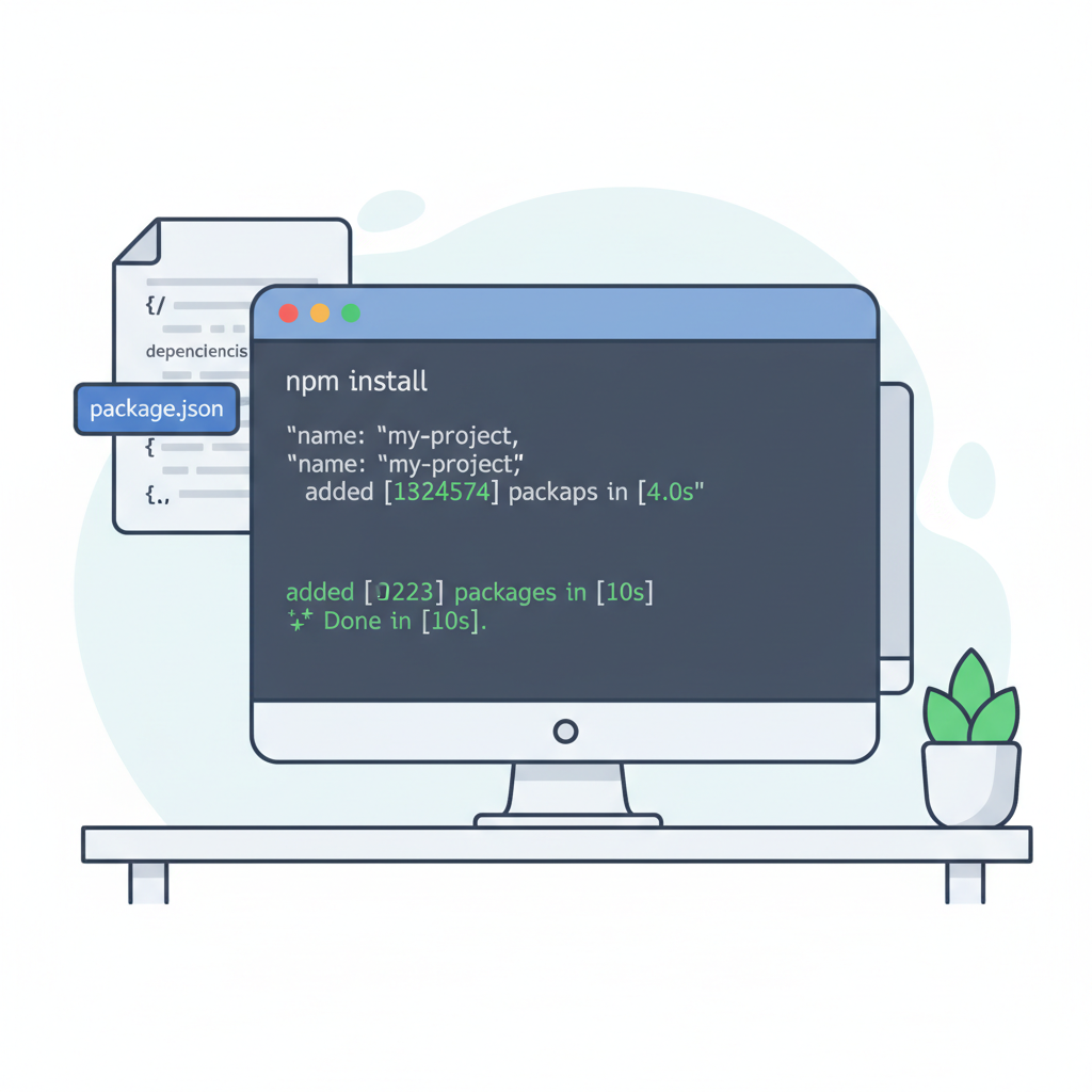npm install command in terminal, package.json visible, success message