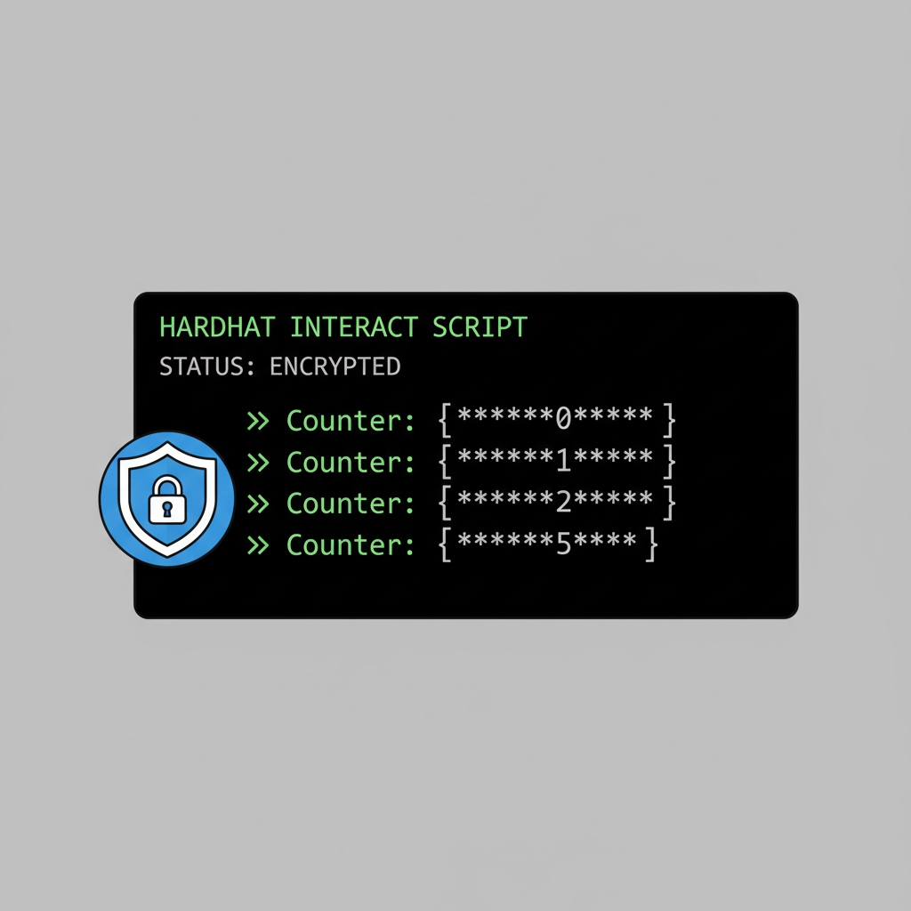 hardhat interact script terminal, counter increment from 0 to 5 encrypted, privacy shield icon