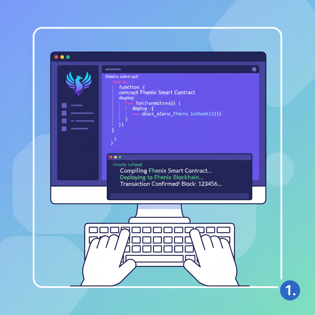hands typing code in vs code, fhenix logo, deploying to blockchain terminal output