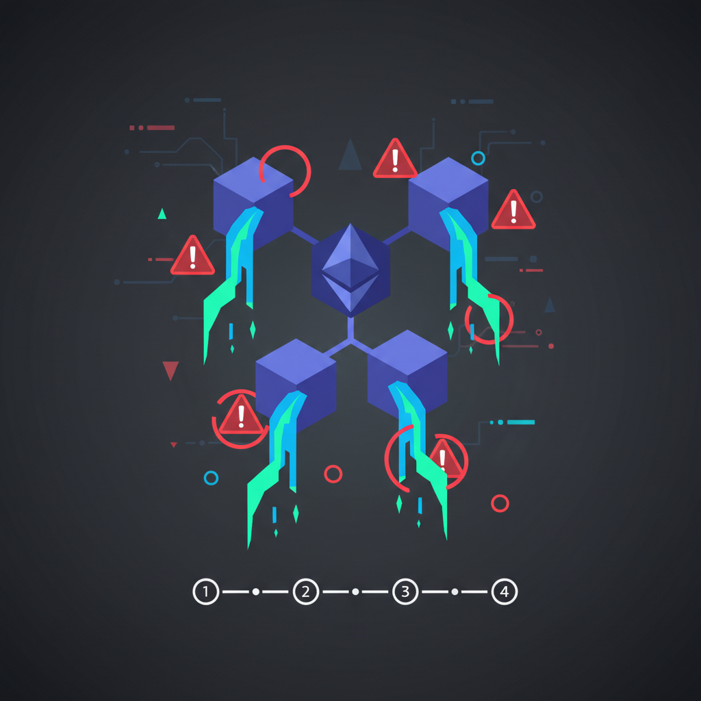 ethereum blockchain with exposed data streams leaking out, red warning icons, dark background