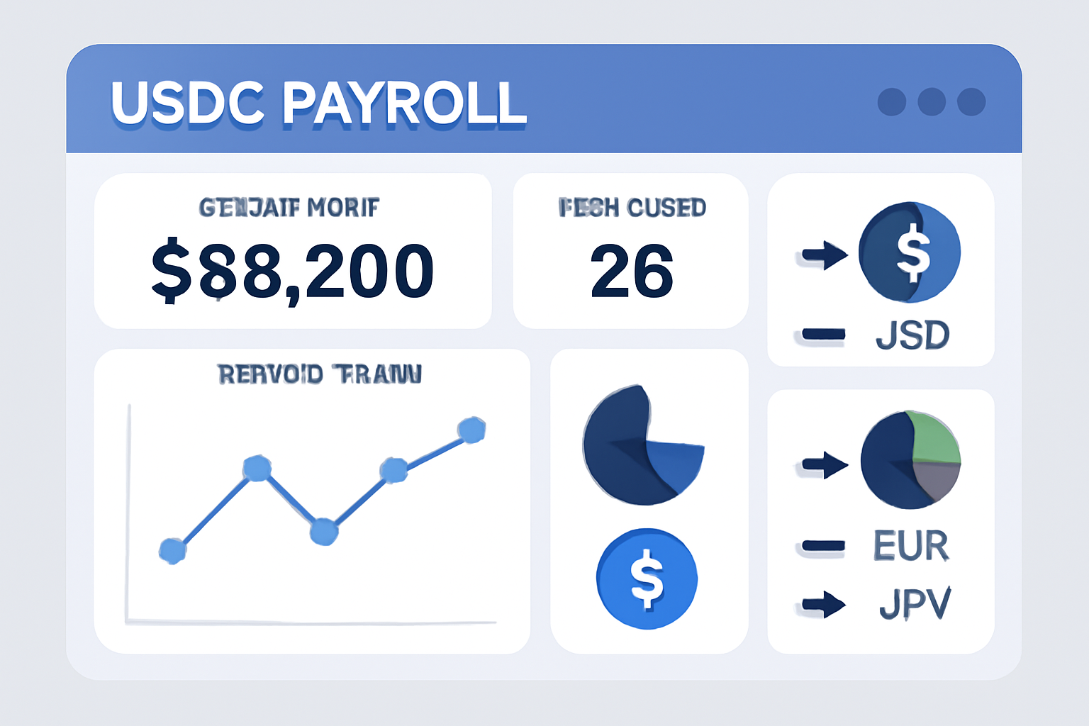 dashboard monitoring USDC payroll metrics, charts showing conversions to fiat currencies worldwide