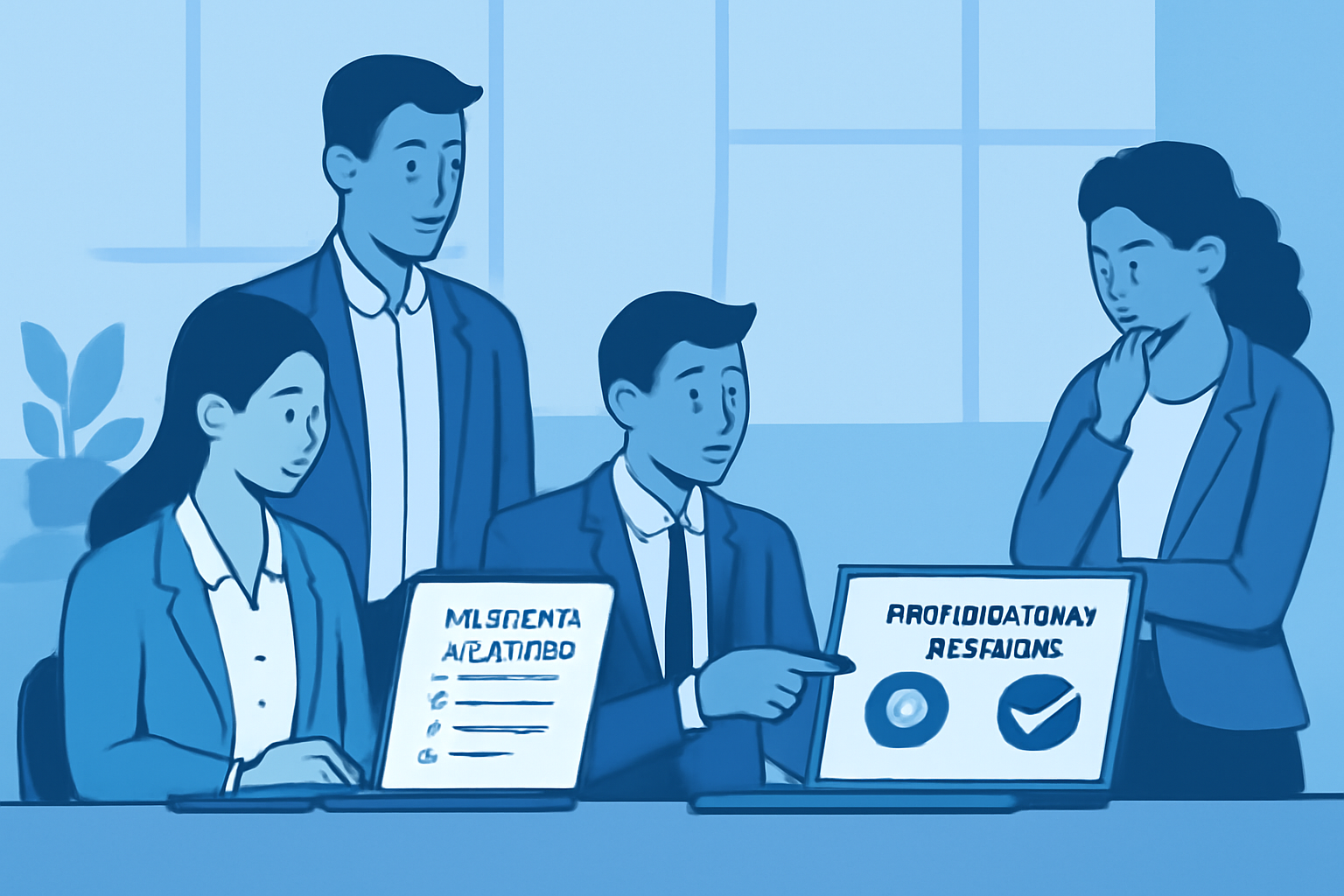 modern office team selecting crypto payroll platform on laptop screens, professional atmosphere, blue tones