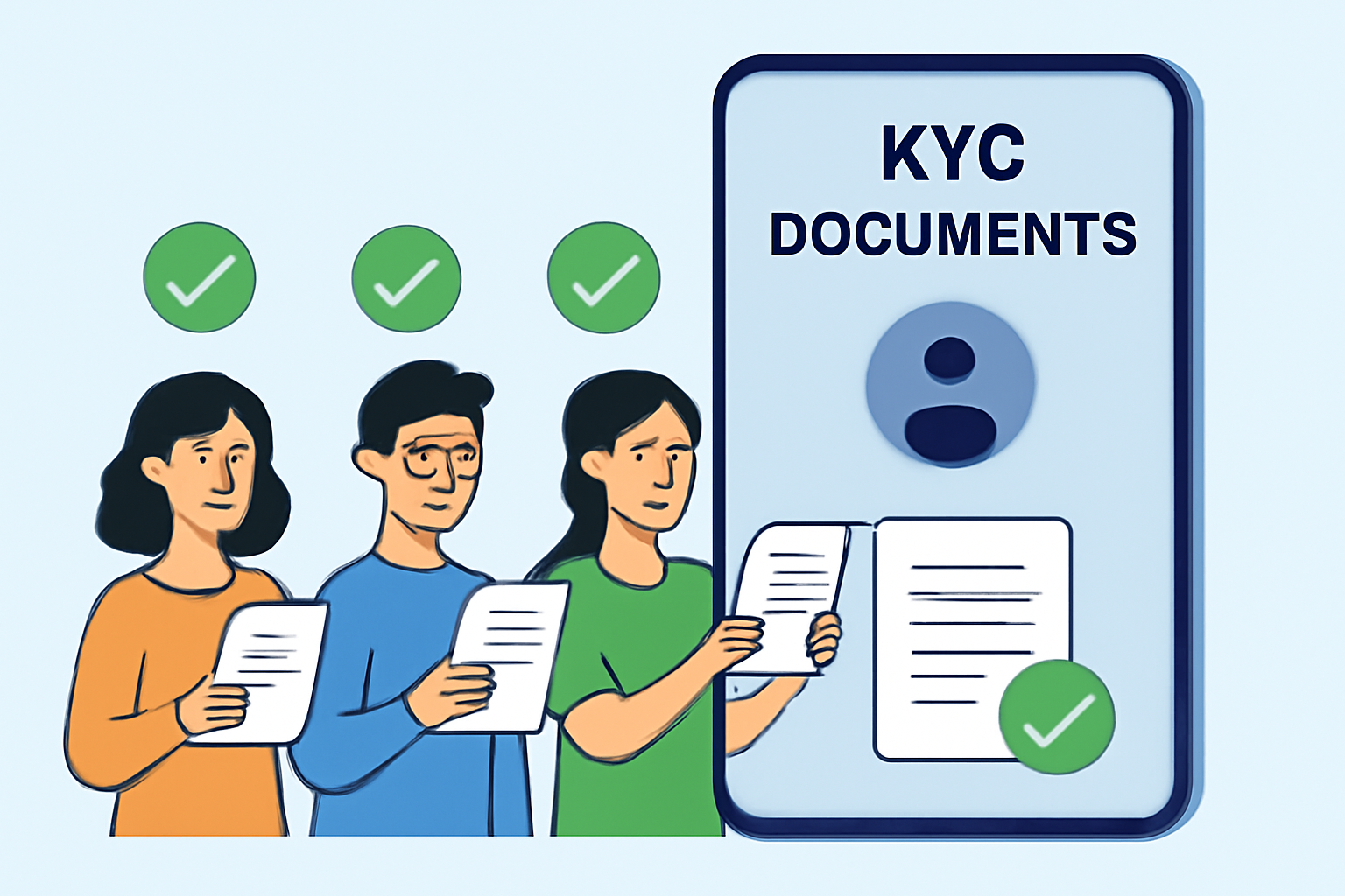 team members submitting KYC documents on secure app interface, verification icons, clean digital design