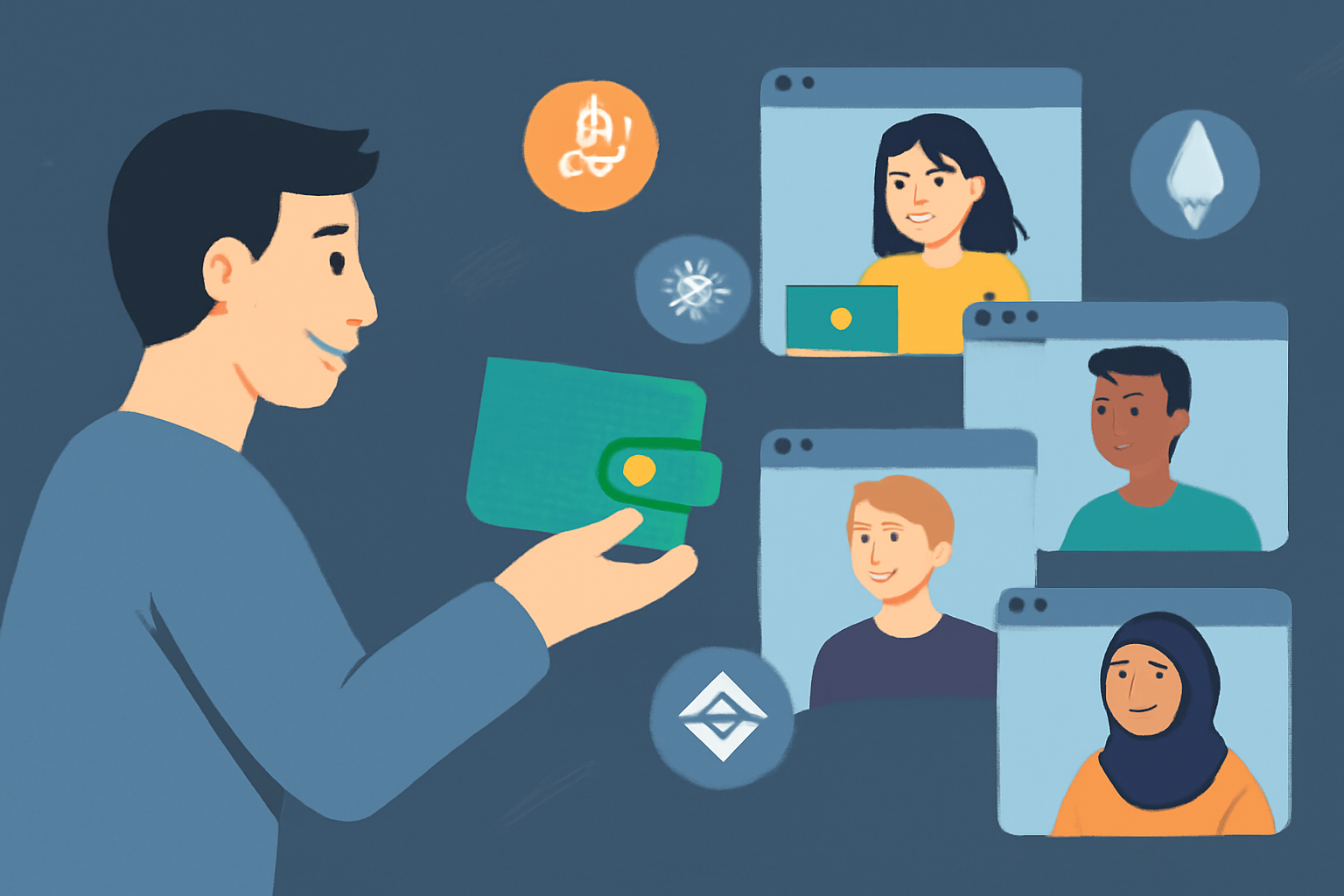 handing out digital wallets to diverse remote team on screens, crypto icons floating, futuristic vibe