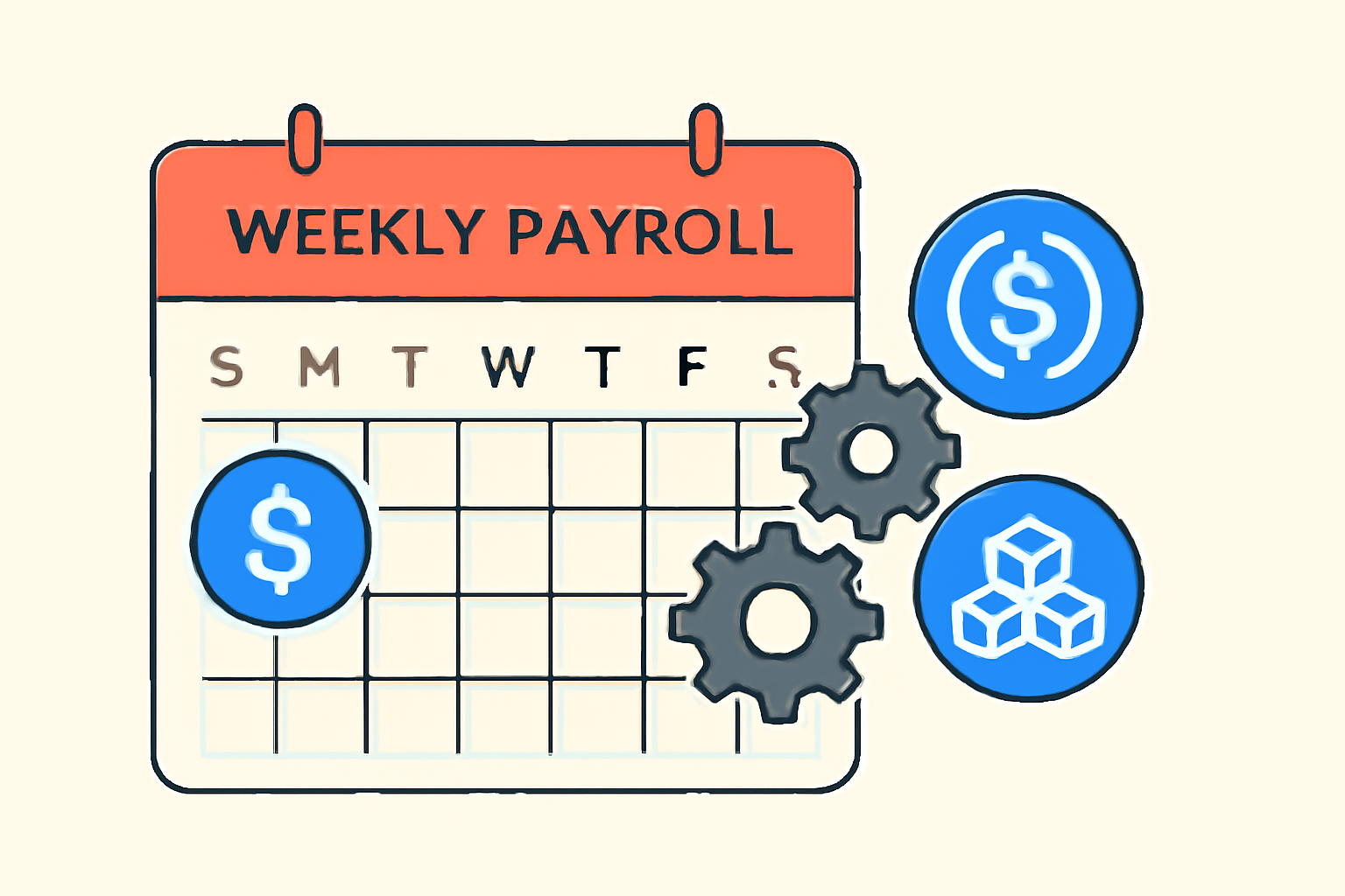 calendar integrating weekly payroll with USDC blockchain icons, gears connecting systems