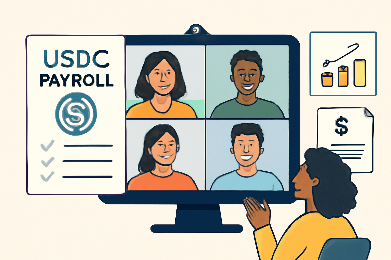 team webinar on USDC payroll, happy remote workers on video call, educational graphics