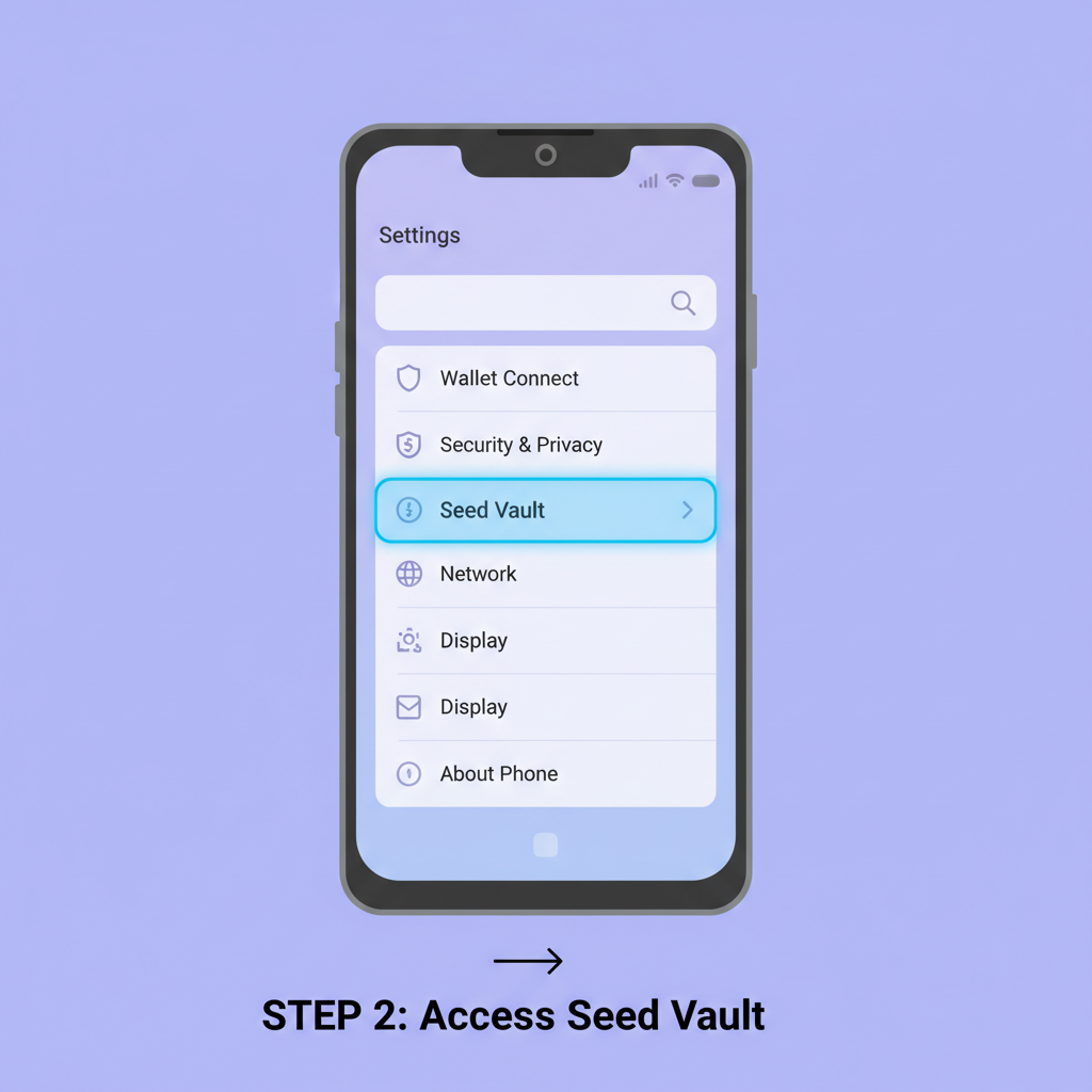 Solana Saga phone screen displaying Settings menu with Seed Vault highlighted