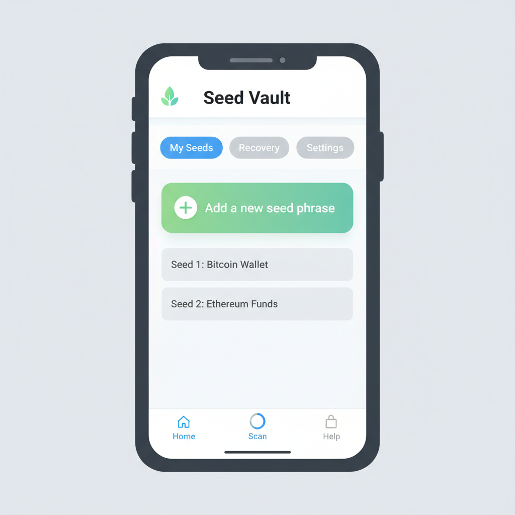 Seed Vault app interface on phone showing 'Add a new seed phrase' button