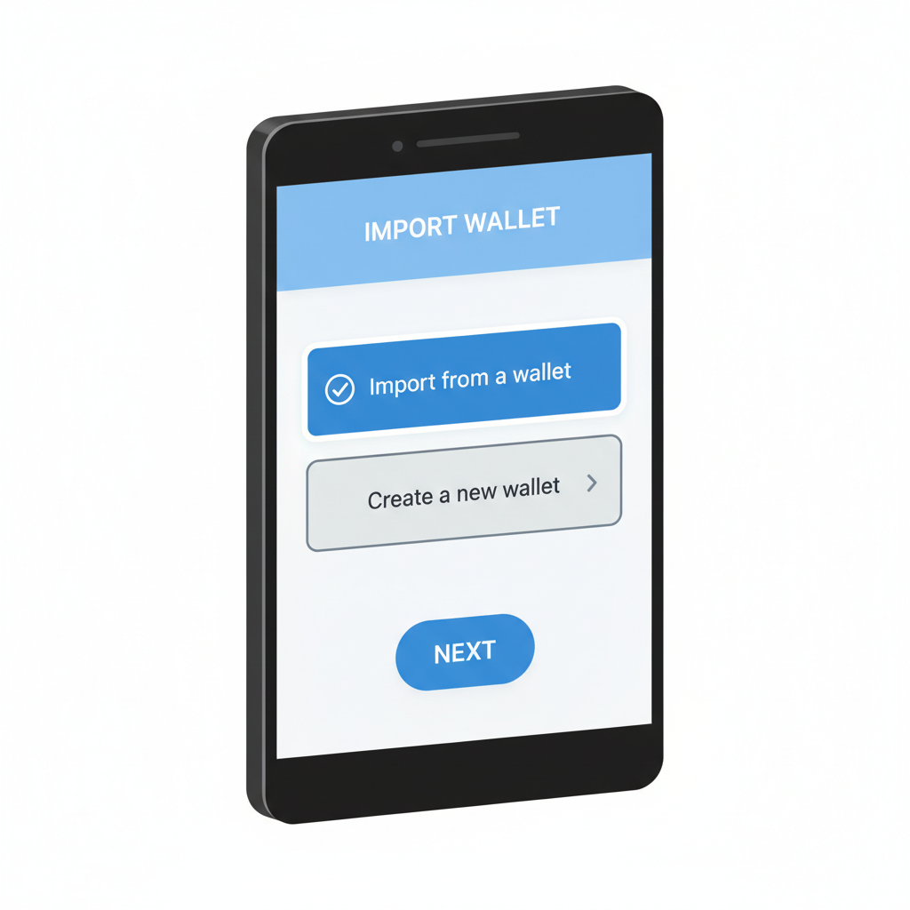 phone screen with Seed Vault import options, 'Import from a wallet' selected