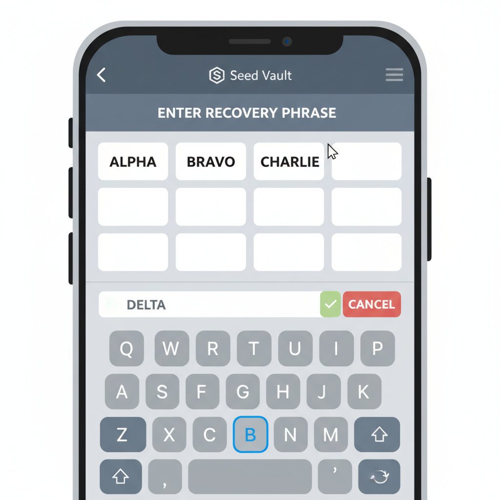 close-up phone keyboard entering seed phrase words in Seed Vault