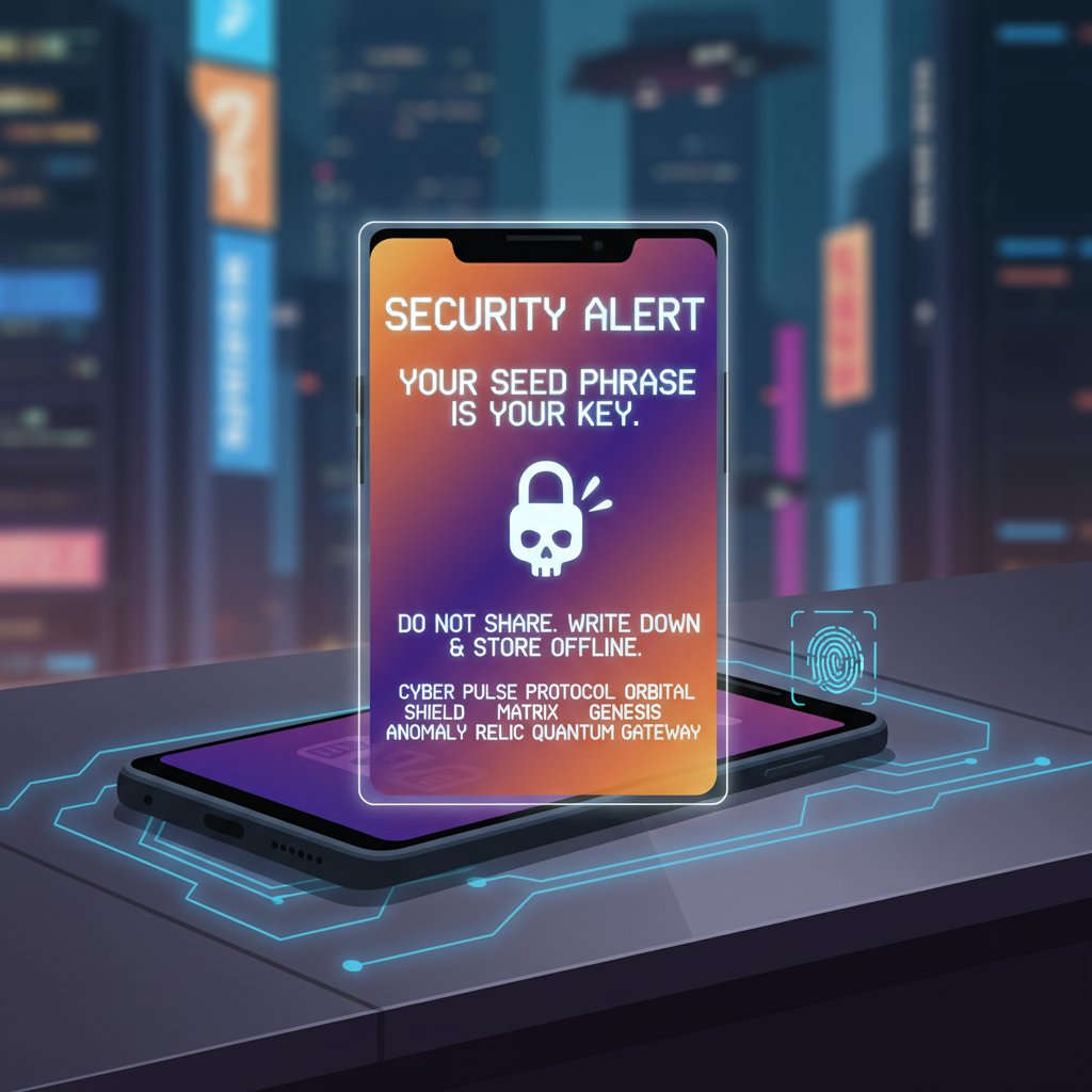 close-up of Solana Saga phone on secure desk, seed phrase warning overlay, cyberpunk style