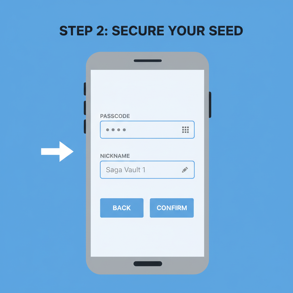 Seed Vault setup screen for passcode and nickname entry on Saga phone