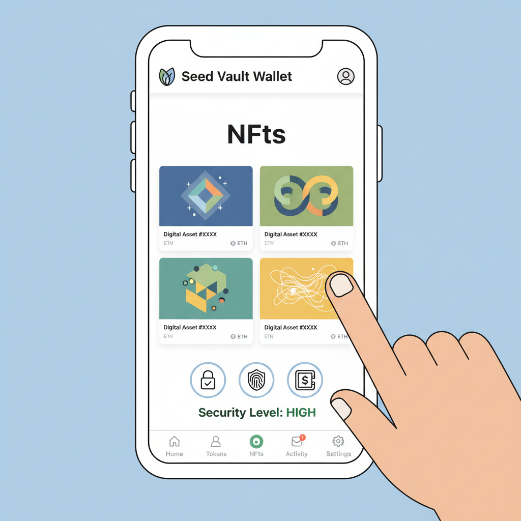 dashboard showing NFTs in Seed Vault wallet on phone, security icons