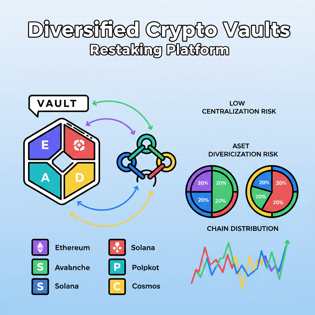 diversified crypto vaults on restaking platform, colorful asset distribution across chains, charts showing low centralization risk, bold dynamic graphics