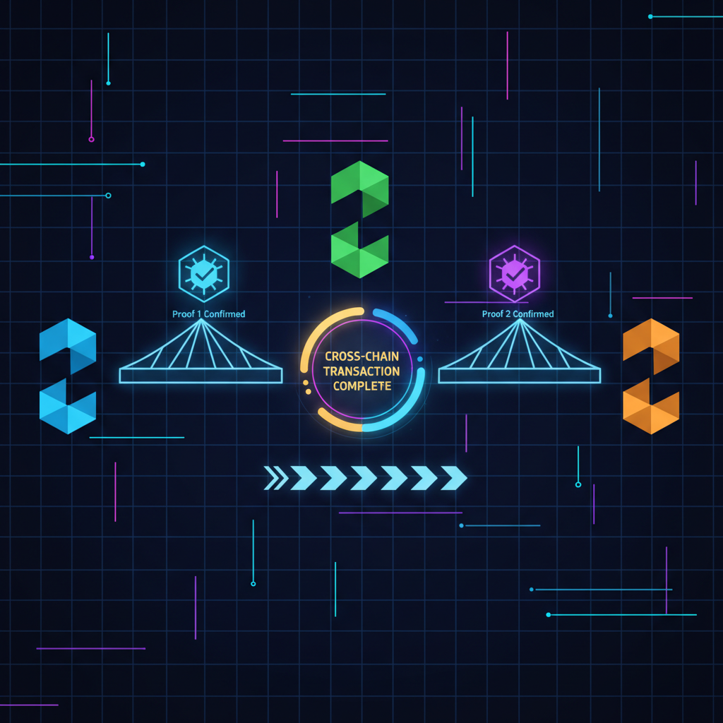 confirming cryptographic bridge proofs on cross-chain platform, glowing proof icons, secure bridges between blockchains, cyberpunk style