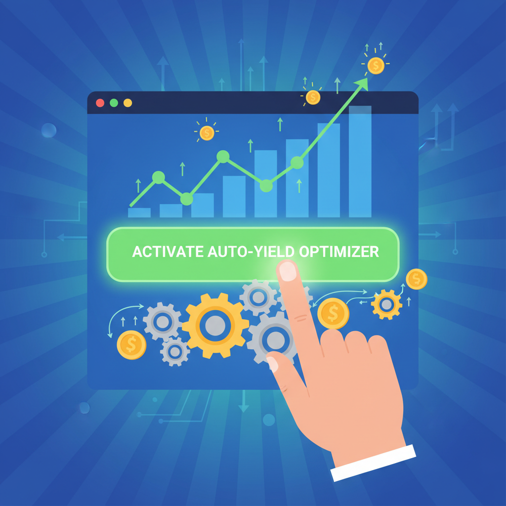 activating auto-yield optimizer button on restaking dashboard, yield charts skyrocketing, automated gears and coins flowing, vibrant energetic scene