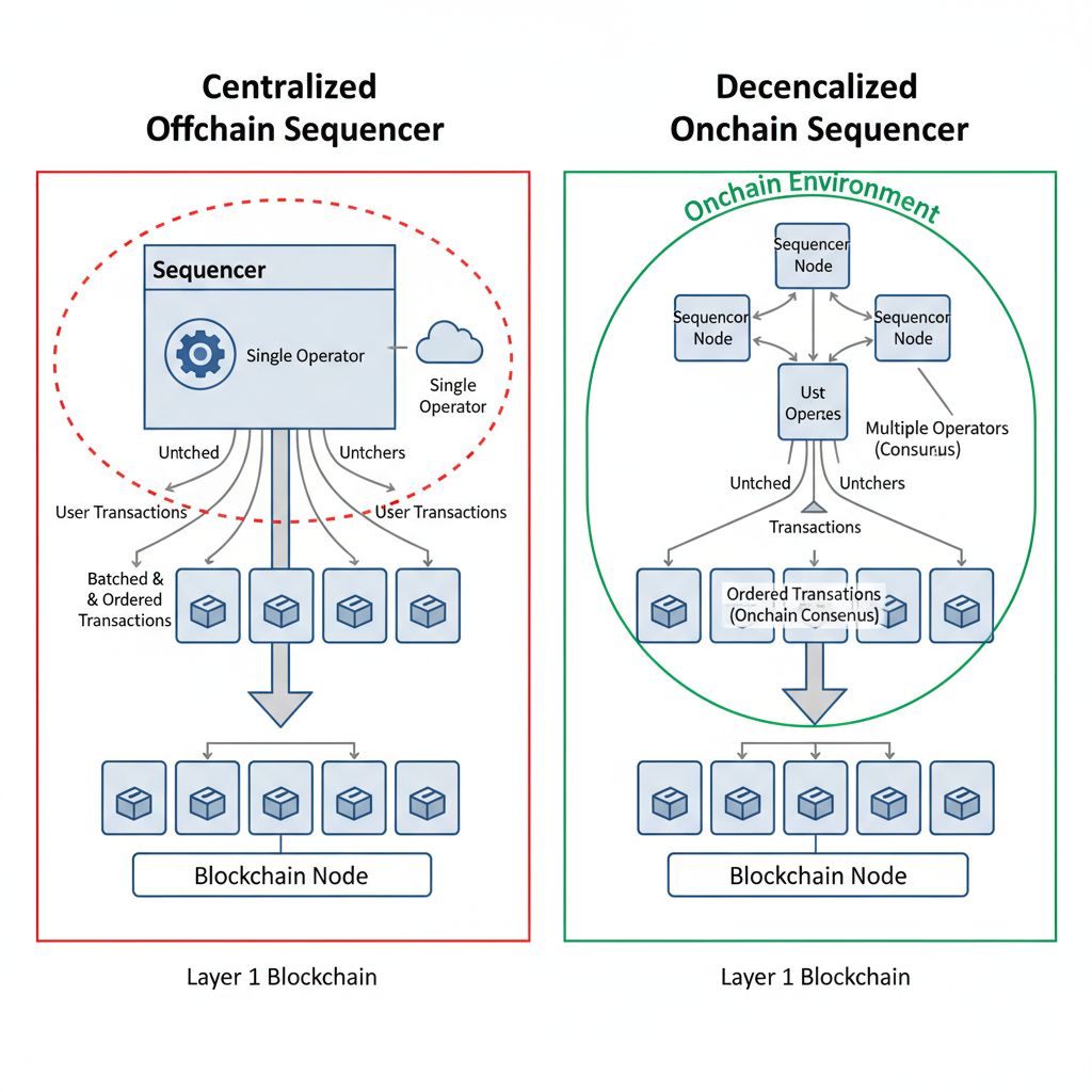 diagram comparing centralized offchain sequencer vs decentralized onchain sequencer, blockchain nodes, technical schematic
