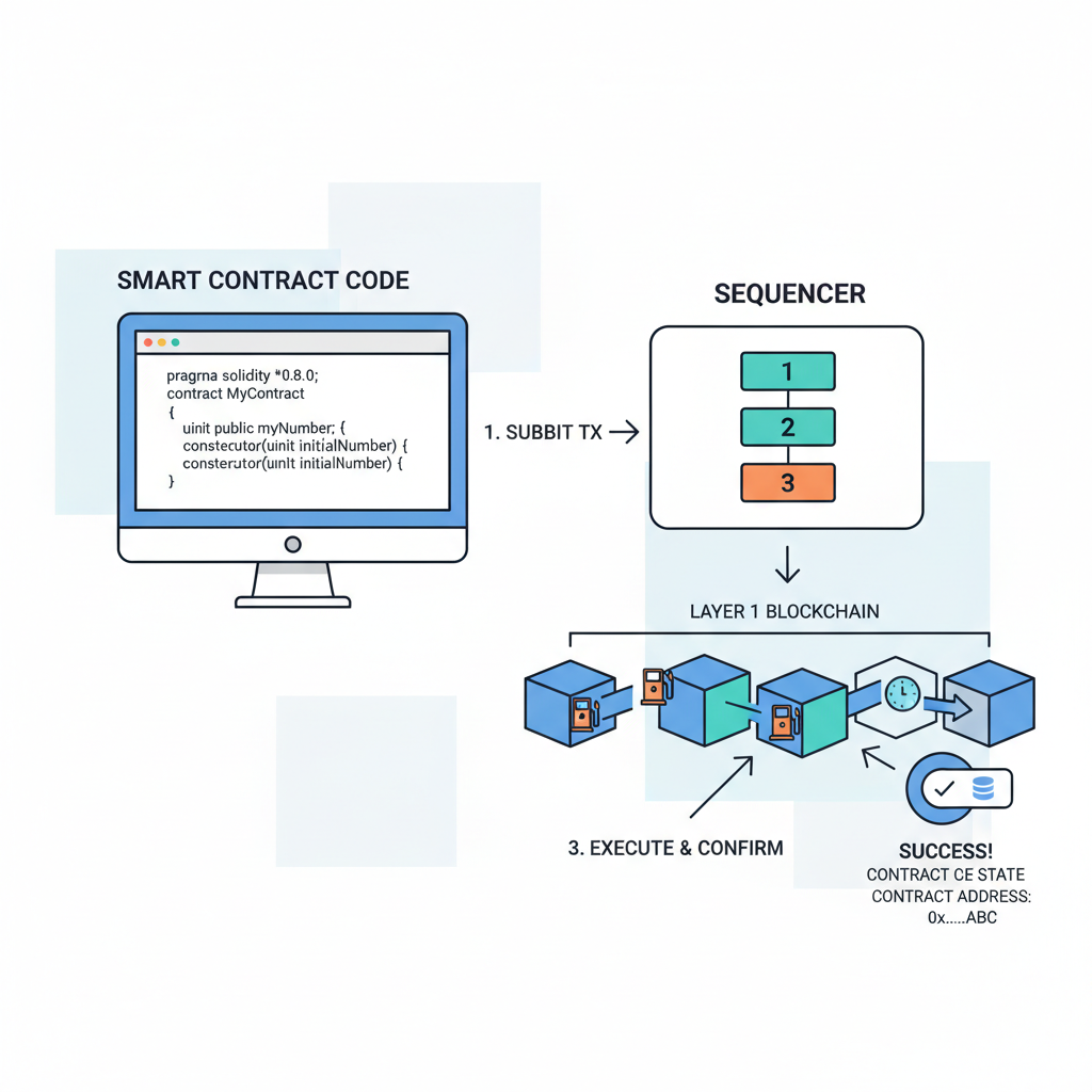 smart contract deployment on blockchain, code snippet sequencer logic, transaction flow arrows