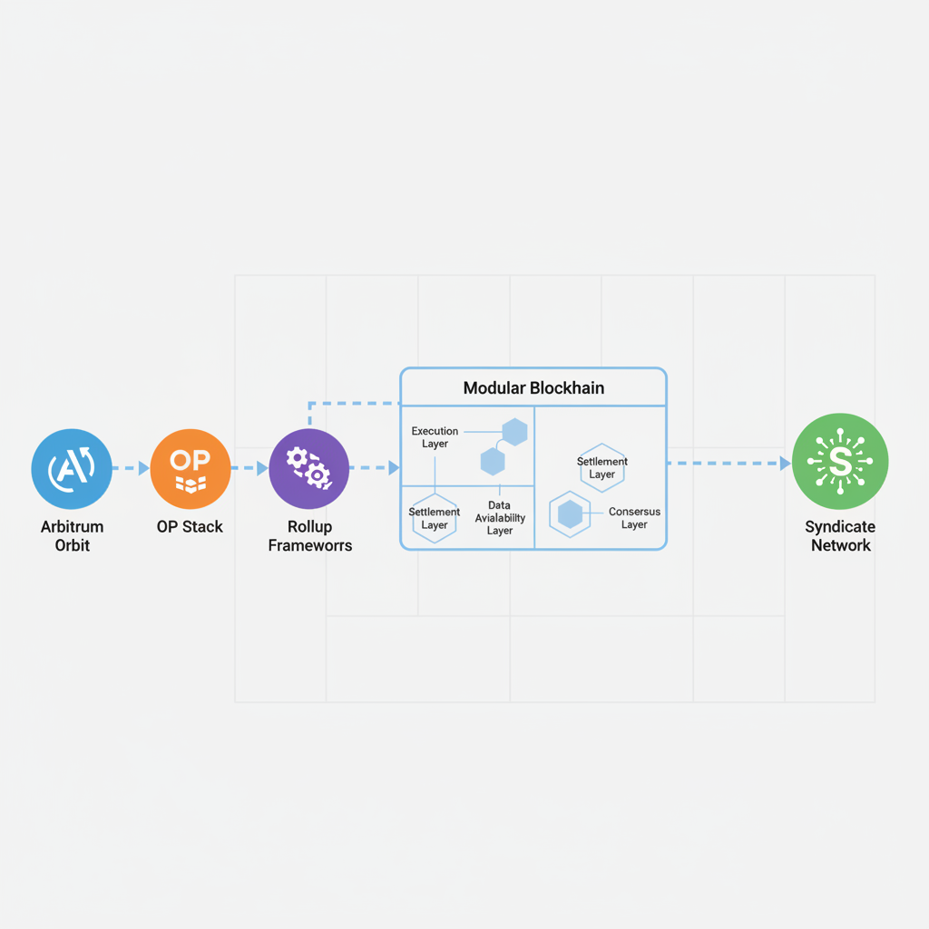 rollup frameworks icons Arbitrum Orbit OP Stack connecting to Syndicate network, modular blockchain diagram