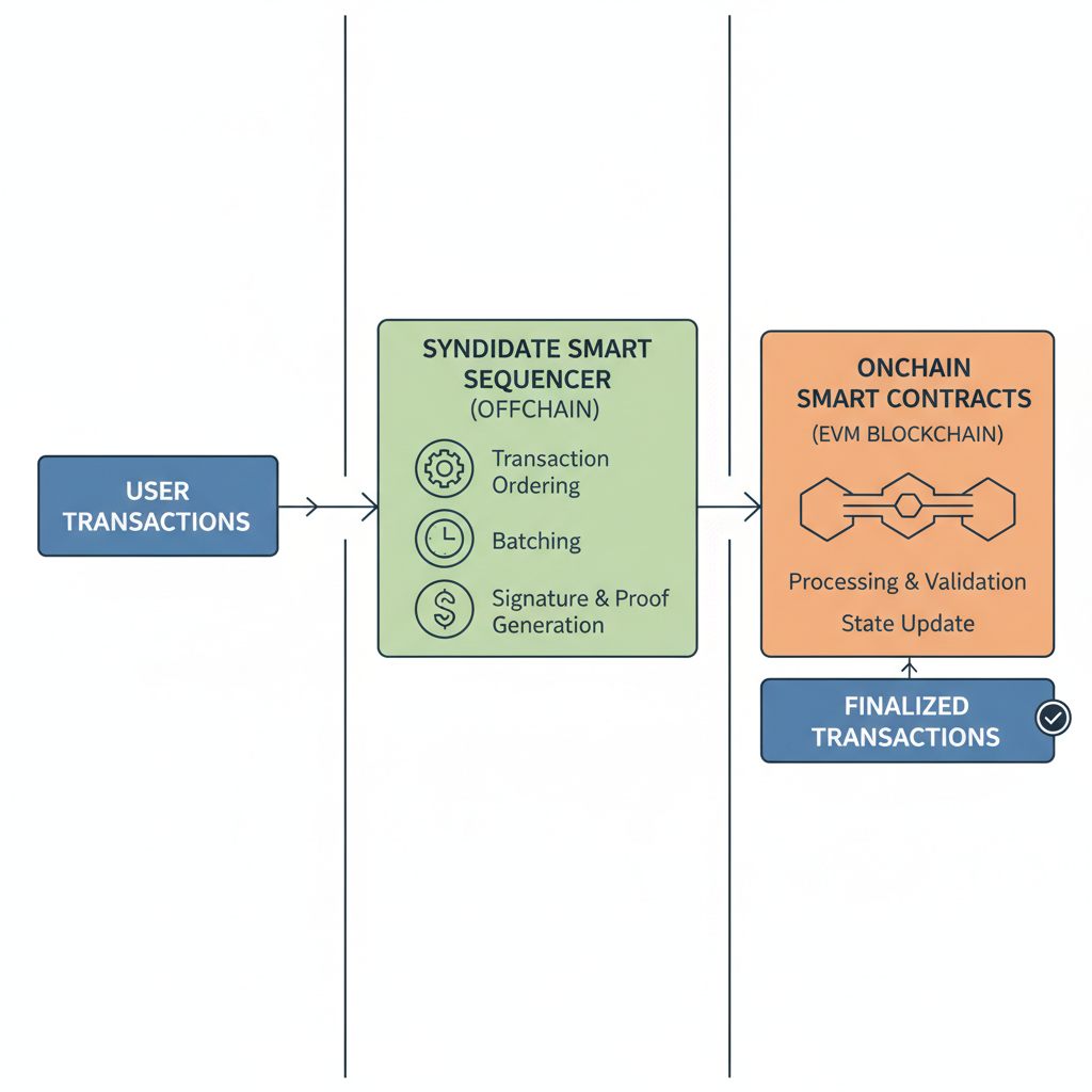 Syndicate smart sequencer architecture, onchain smart contracts processing transactions, EVM blockchain visualization