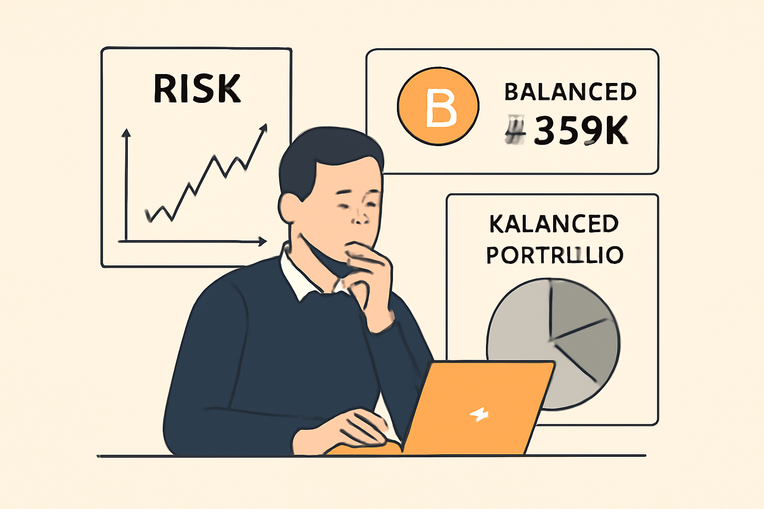 investor analyzing risk charts with Bitcoin price $89k, balanced portfolio pie chart, thoughtful expression