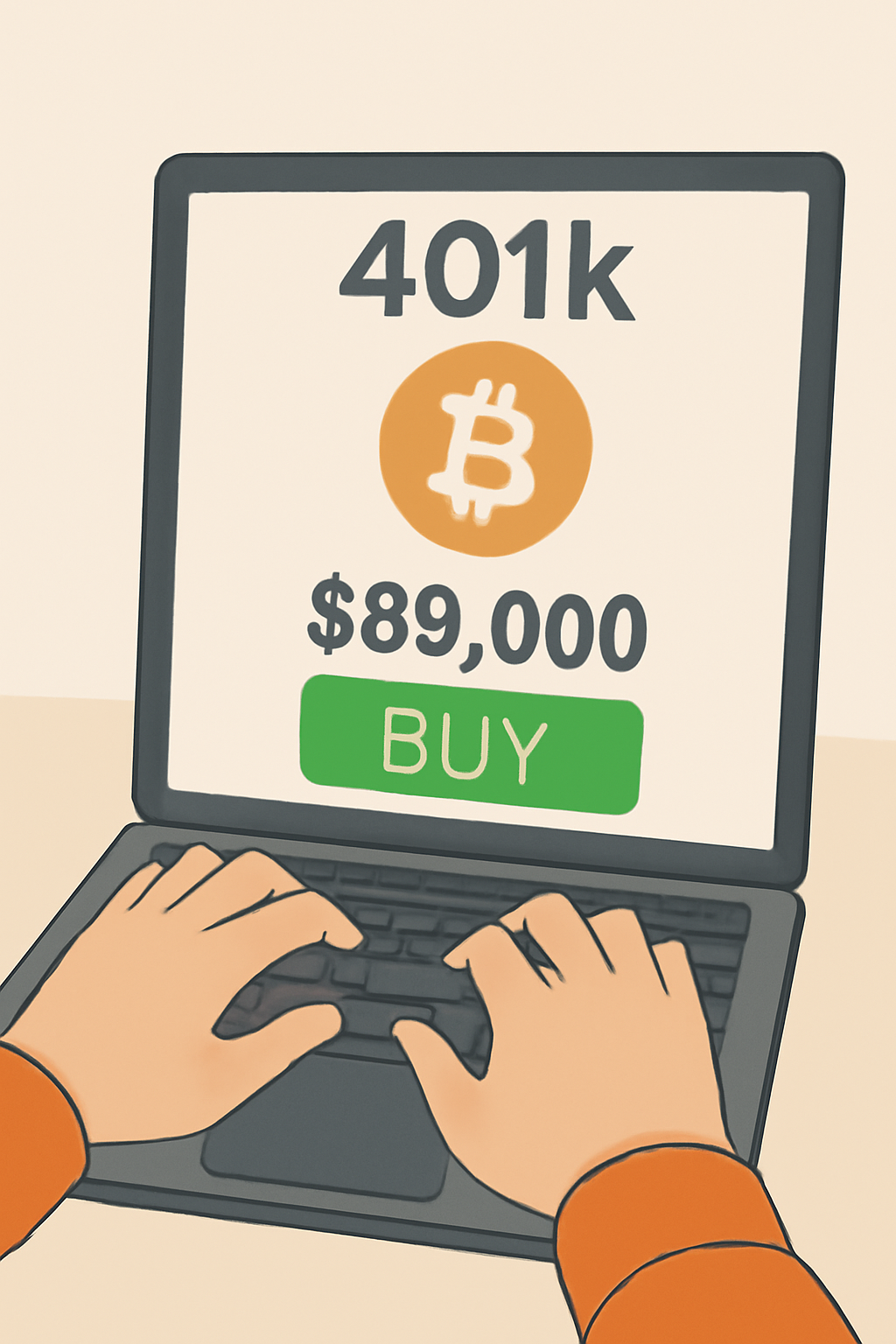 hands typing on laptop buying Bitcoin in 401k interface, green buy button, price $89k display