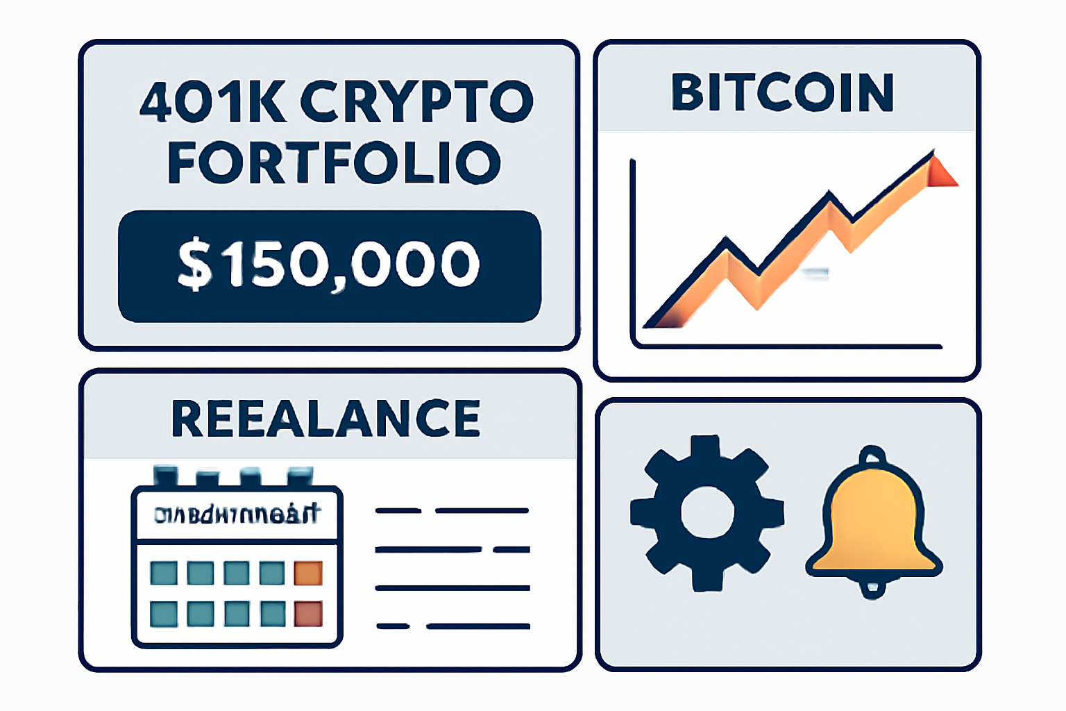 dashboard monitoring 401k crypto portfolio, Bitcoin chart with alerts, calendar for rebalance