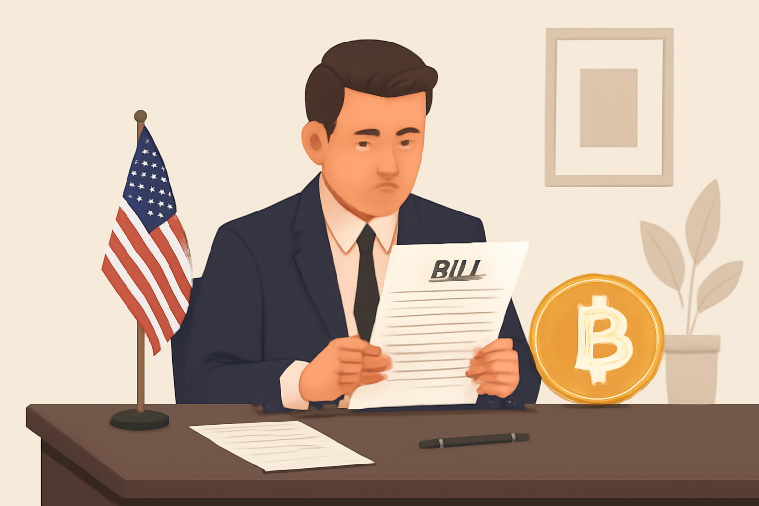 professional reading financial bill documents on desk with US flag and Bitcoin symbol, realistic, clean office