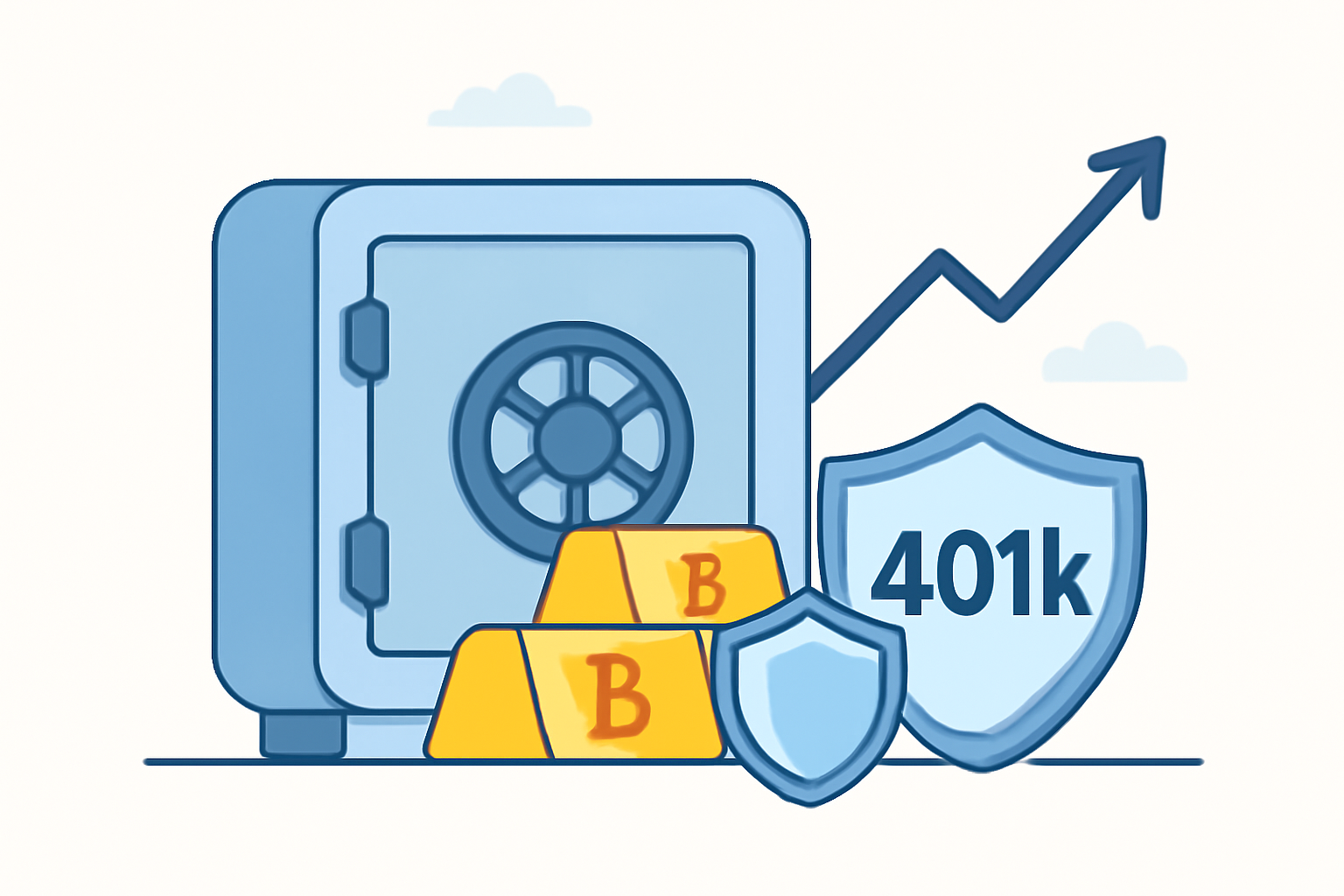 secure vault with Bitcoin gold bars and 401k shield, long-term growth arrow upward, futuristic safe