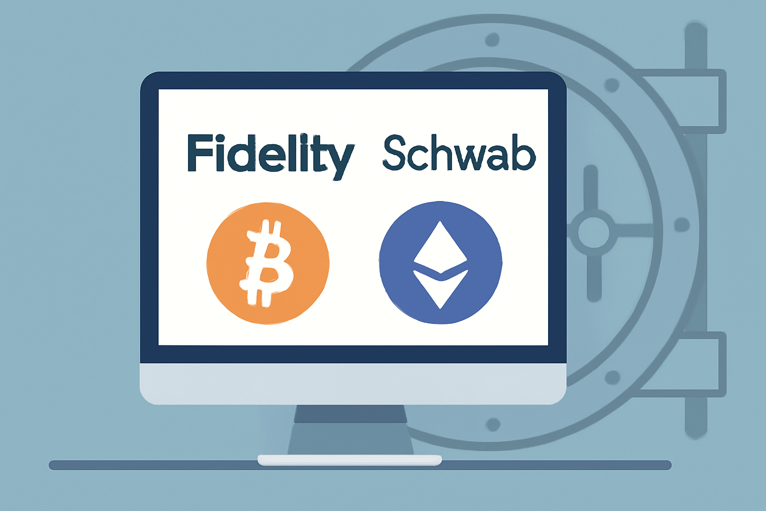 computer screen showing crypto brokers Fidelity Schwab with Bitcoin Ethereum icons, secure vault background