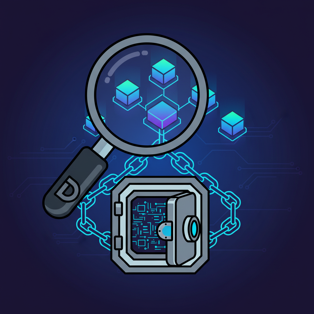 /conceptual art of a detective magnifying glass over glowing smart contracts, blockchain chains, secure vault, cyberpunk style