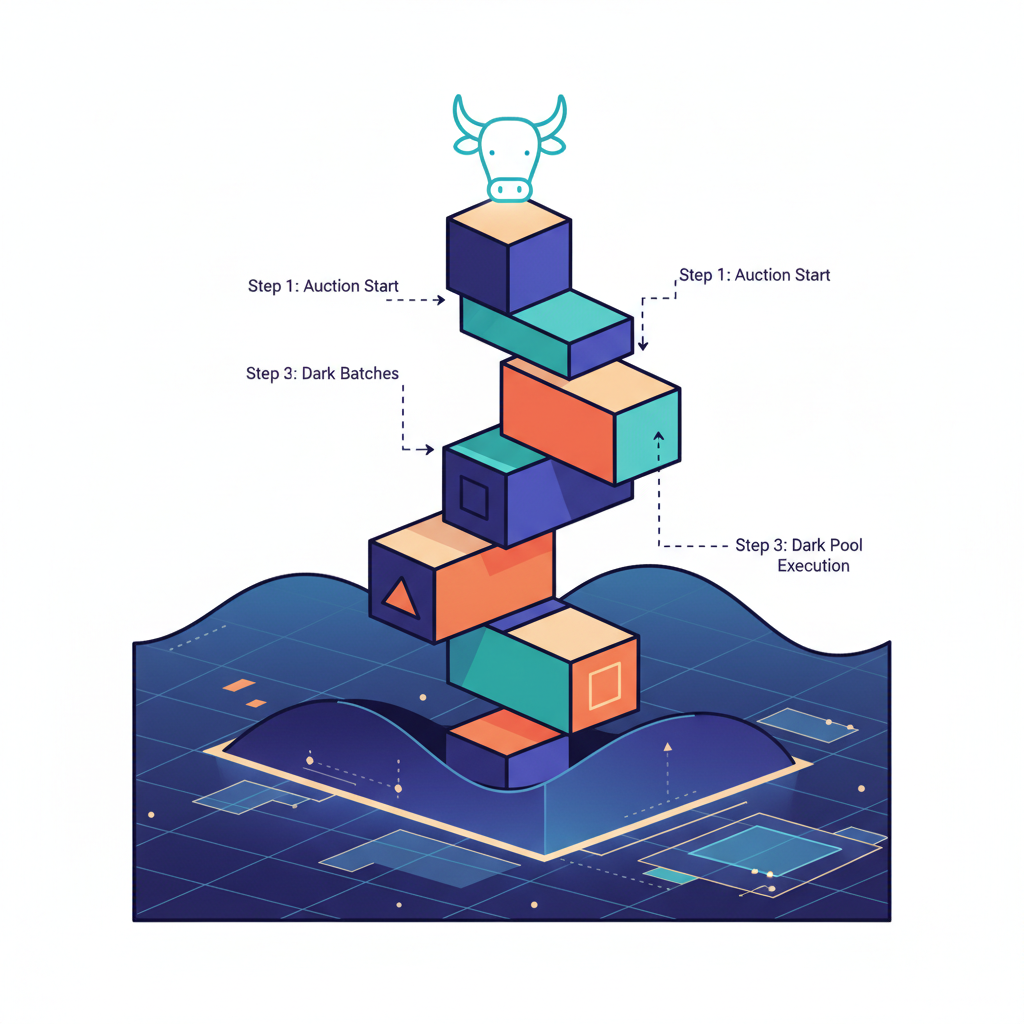 /dynamic art of auction batches stacking like blocks, cow protocol icon, dark pool waves, futuristic trading floor