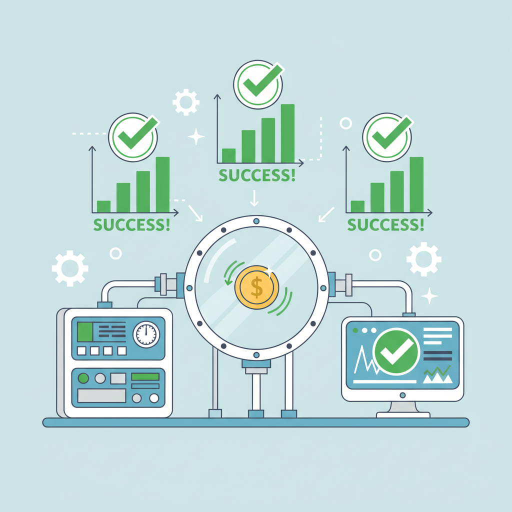 /test lab scene with small coin rotations in shielded chamber, graphs showing success, motivational green checkmarks