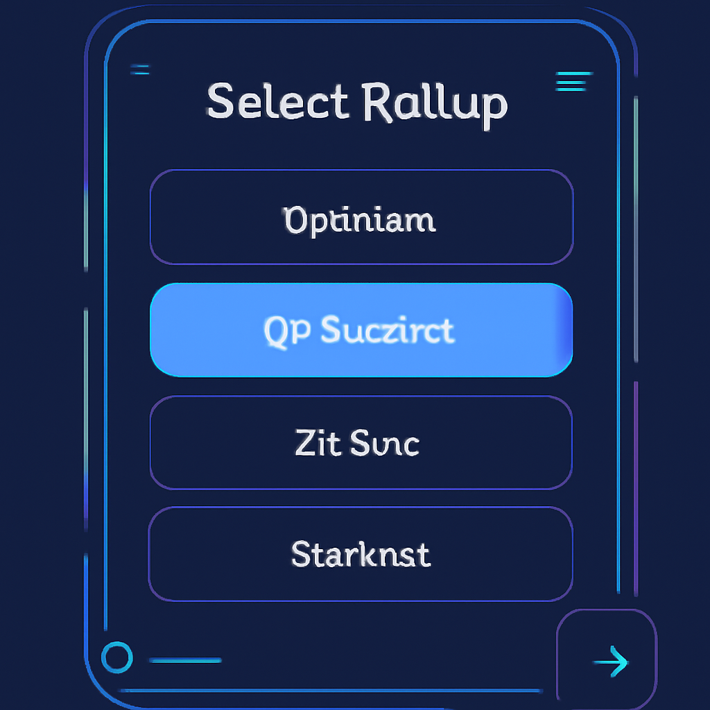 A UI screen showing a selection menu with OP Succinct highlighted among rollup options, with futuristic design elements.