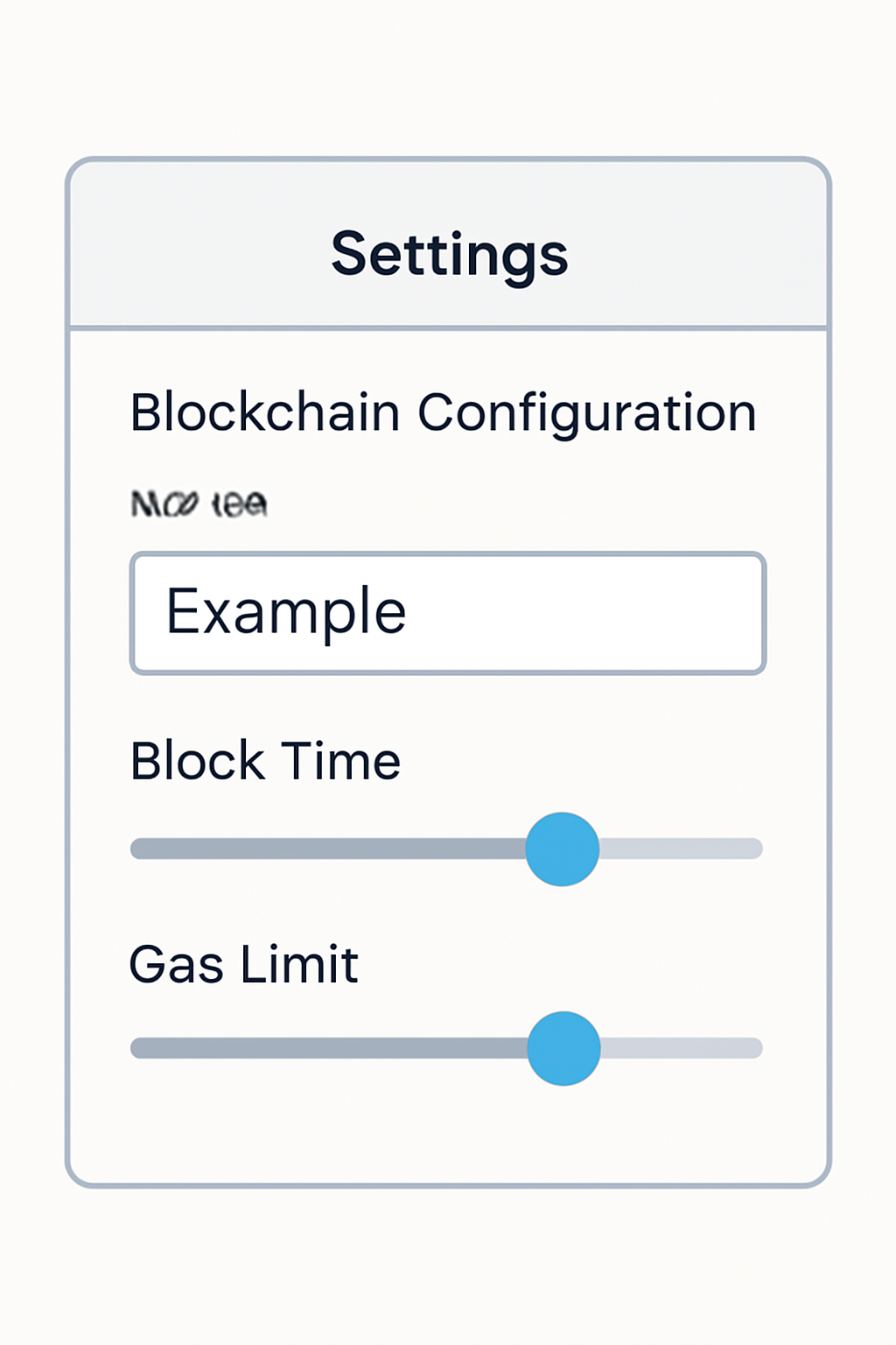 A settings panel with blockchain configuration options, sliders for block time and gas limits, and a name field being filled.