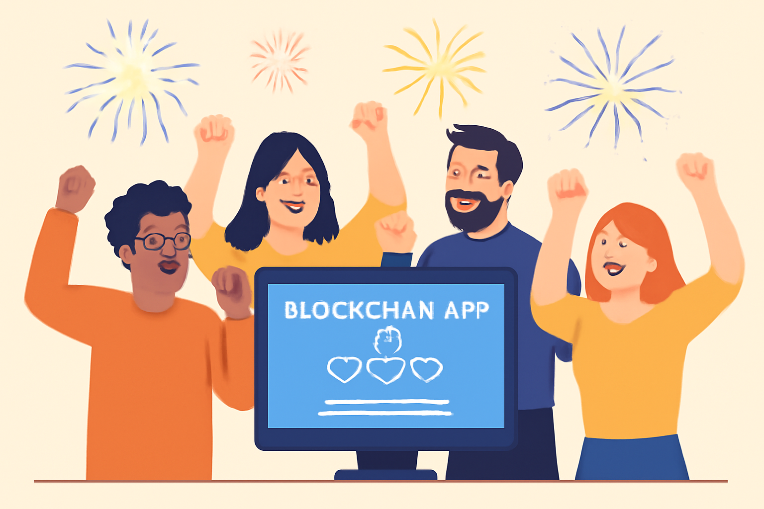 A group of developers celebrating around a computer, with a newly launched blockchain app on the screen and fireworks in the background.