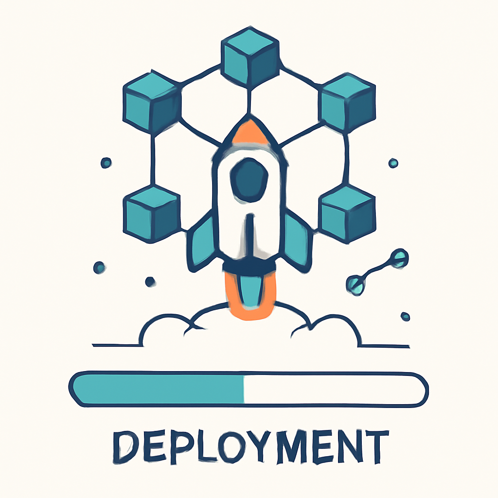 A progress bar showing deployment, with a rocket launching and a blockchain network forming in the background.
